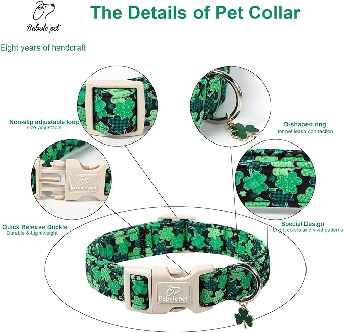 St Patricks Day Dog Collar for Giant Large Dogs - Green Lucky Clover Dog Collars, Lightweight Adjustable Irish Festival Shamrock Dogs Collars with Quick Release Buckle XL