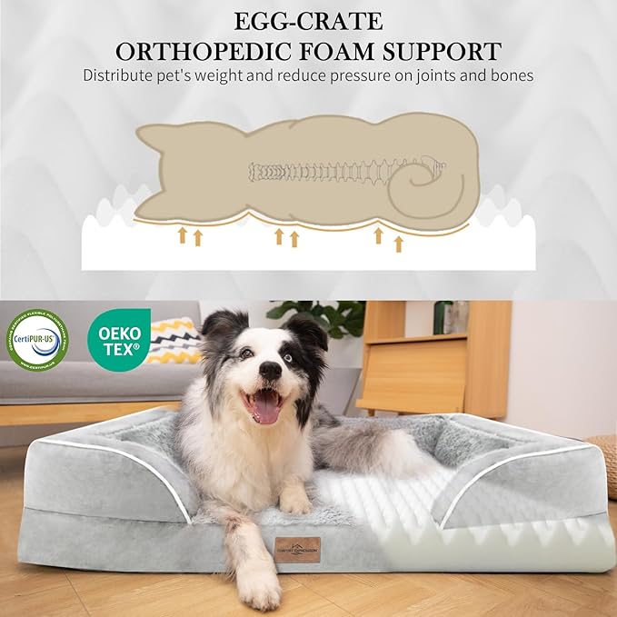 Comfort Expression Orthopedic Dog Bed for Extra Large Dogs 53x42 Inch, Waterproof Egg Crate Foam XXL Pet Bed with Removable Bolsters, Dog Couch with Washable Cover & Non-Slip Bottom, Grey White