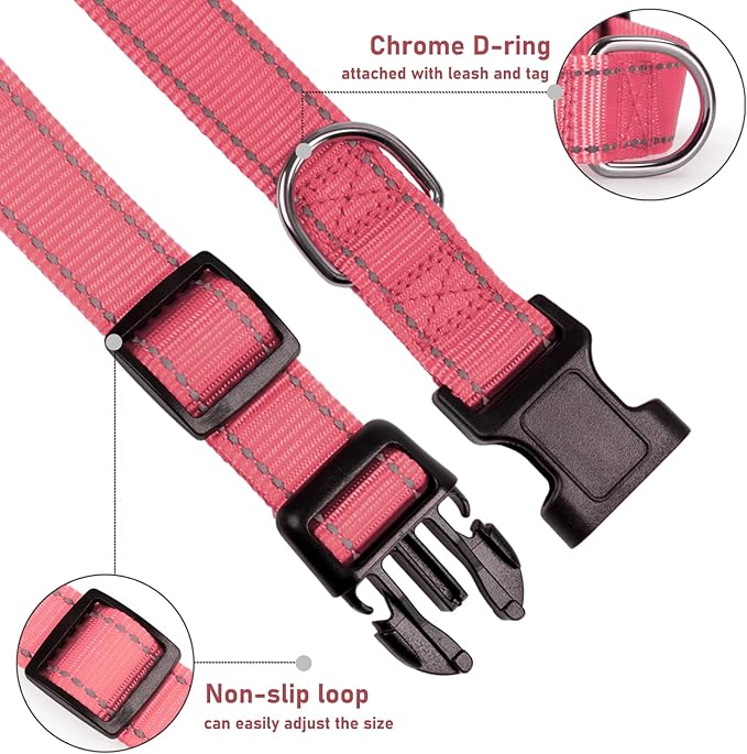Reflective Dog Collar with Buckle Adjustable Safety Nylon Collars for Small Medium Large Dogs, Light Pink XXS
