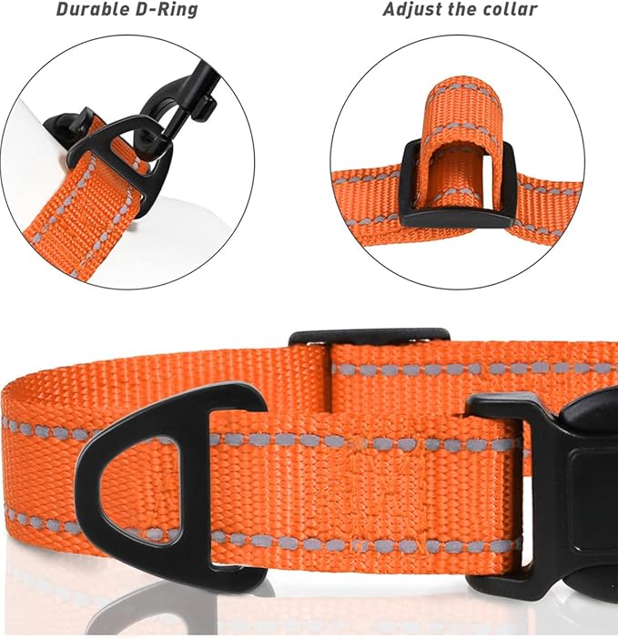 TagME Reflective Nylon Dog Collars, Adjustable Classic Pet Collar with Quick Release Buckle for Large Dogs, Orange, 1.0" Width