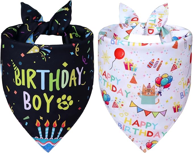Dog Birthday Bandanas, 2-Pack Reversible 4 Patterns for Medium Large Dogs - Black Boy & White Girl Birthday Scarf, Party Outfit Gift for Pups (14-18" Neck)