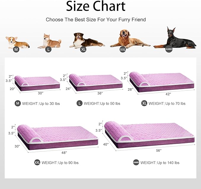 Orthopedic XL Dog Bed Large Sized Dog with Pillow 48''X30'', Waterproof Soft Comfortable Egg Crate Foam Pet Crate Beds Mat with Removable Washable Cover and Non-Slip Bottom, Lilac