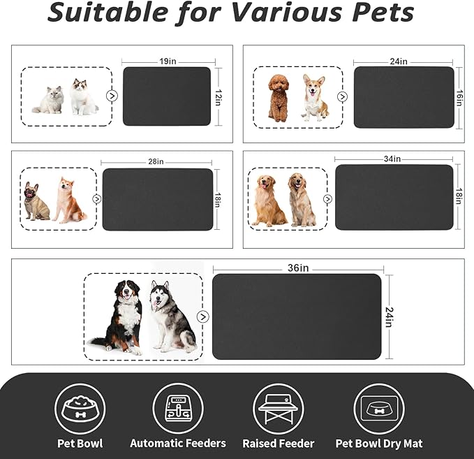 Dog Food Mat - Absorbent Cat Mat for Food and Water, No Stains Pet Feeding Bowl Mat, Easy to Clean Pet Placemats, Quick Dry Dog Water Dispenser Mat for Messy Drinkers | Black 12"x 19"