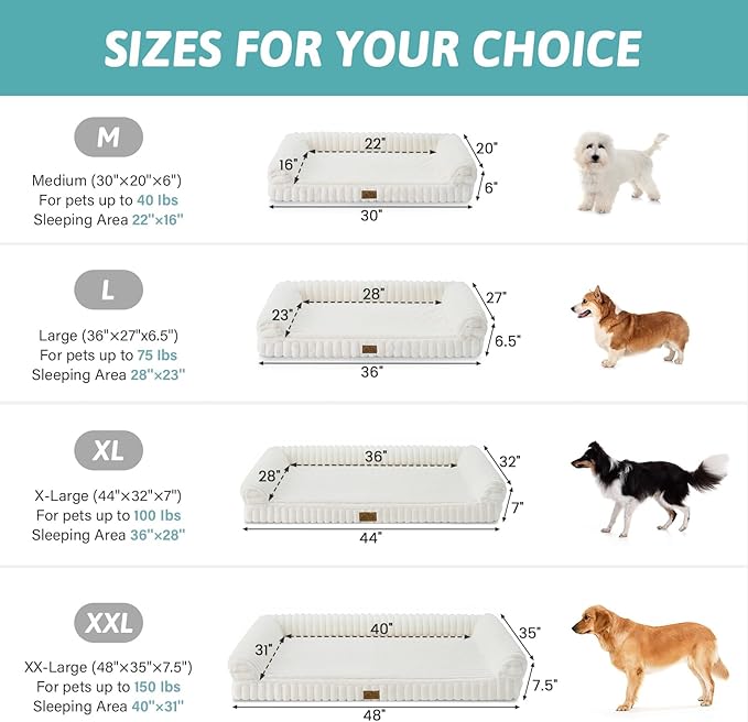 Cute Dog Bed for Extra Large Dogs, Faux Rabbit Fur Orthopedic Foam Dog Bed with Sides, Removable Washable Cover & Waterproof Lining, Comfortable Pet Couch, Cream (48" L x 35" W x 7.5" Th)