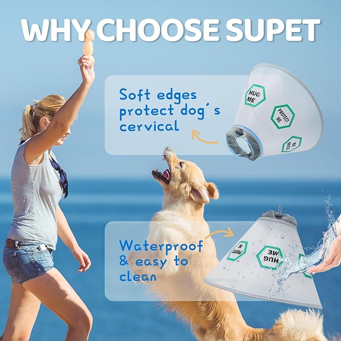 Supet Dog Cone Collar After Surgery to Stop Licking: Adjustable Recovery Elizabeth Collar Alternative for Large Medium Small Dogs, Plastic Pet Head Neck Cone (S)