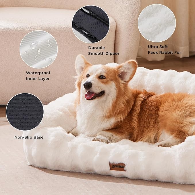 Dog Couch Bed - Fluffy Dog Sofa, Large Orthopedic Pet Sofa Bed with Removable Washable Cover, Faux Fur Calming Cute Pet Couch with Supportive Egg Foam and Non-Slip Bottom, Ivory White