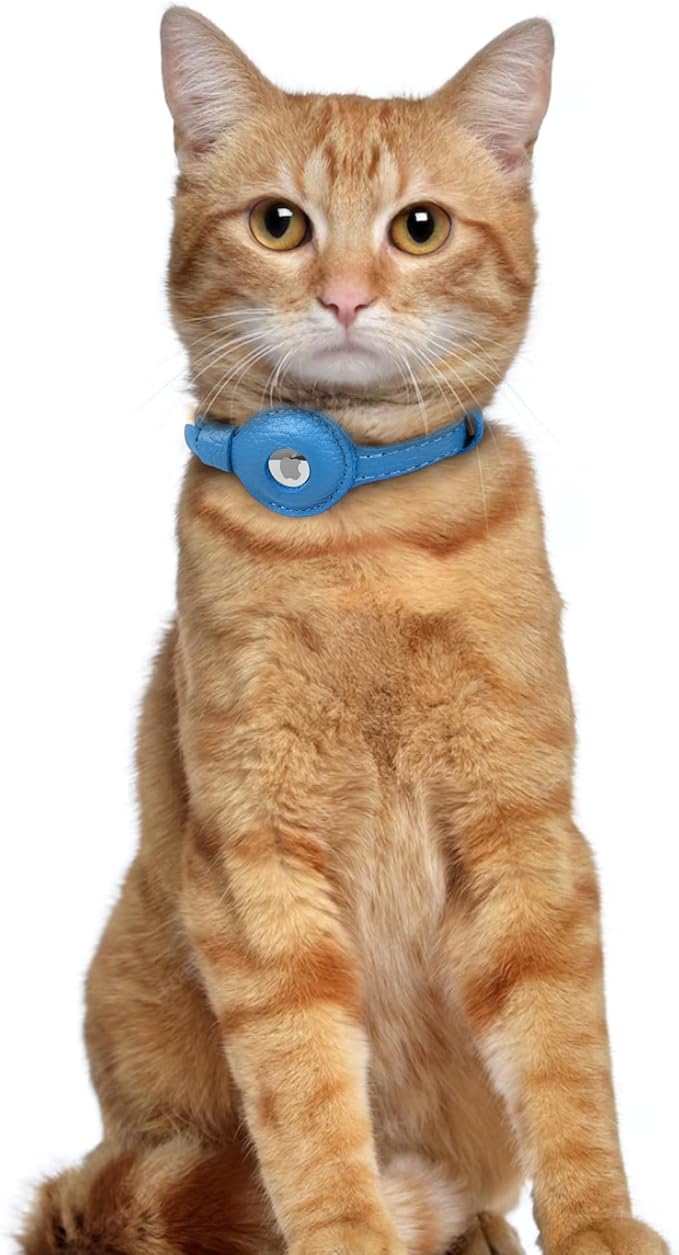 OOPSDOGGY Leather AirTag Cat Collar with Bell - Non Breakaway Kitten Collar with Apple Air Tag Holder - Lightweight GPS Pet Collars for Girl Boy Cats, Small Dogs, Puppies (Blue)
