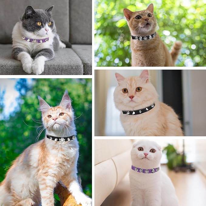 EXPAWLORER Leather Cat Collar for Girl Boy- Adjustable Pet Collar with Safety Elastic Belt,Personalized Punk Accessories Buckle Collars with Bell & Durable D-Ring,Rivet(Black)