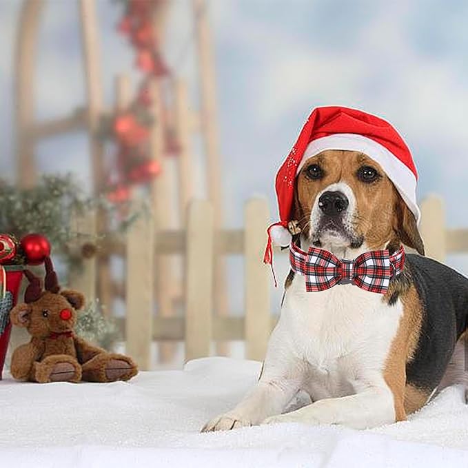 Christmas Dog Collar, Red Plaid Cotton Collars with Bow Adjustable Pet Collar Premium Metal Buckle, Christmas Puppy Necklace for X-Small Girl and Boy Dogs