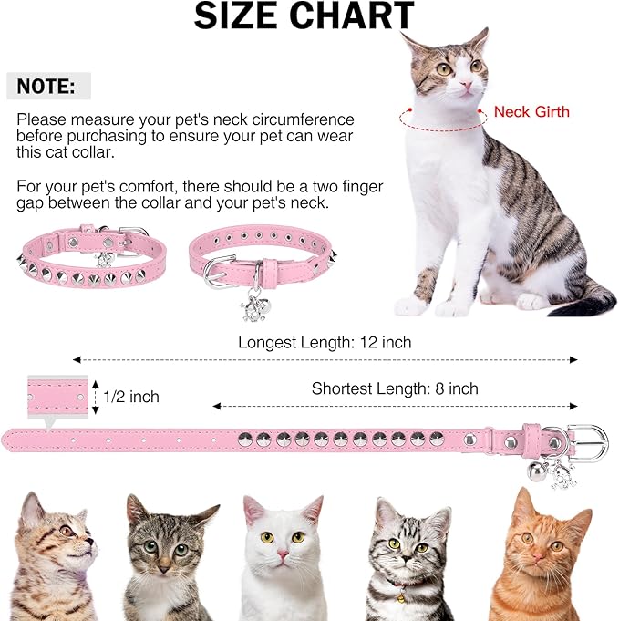 Leather Cat Collars for Boy Girl Cats with Bell and Safety Elastic Belt, Personalized Rivets Stud Adjustable Safe Buckle Collar with Skull Charm for Kitty Small Pets, Halloween Cat Collar