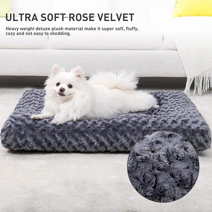 KSIIA Washable Dog Bed Deluxe Plush Dog Crate Beds Comfy Kennel Pad Anti-Slip Pet Sleeping Mat for Large, Jumbo, Medium, Small Dogs Breeds, 29" x 21", Dark Grey