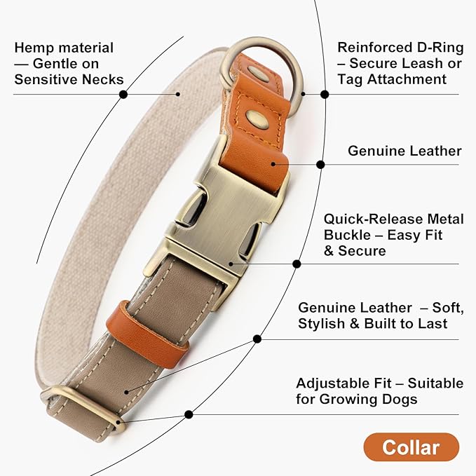 Plutus Pet Genuine Leather & Hemp Dog Collar – Adjustable Heavy Duty Pet Collar with Quick Release Metal Buckle, Soft & Stylish for Puppy and Small, Medium, Large Dogs (Ash Brown, XS)