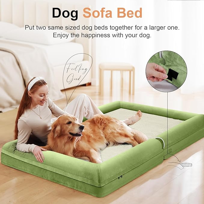 Large Dog Bed Orthopedic Washable: Beds Bolster XL Bed Big XLarge Dogs Egg Crate Foam Couch Sofa Waterproof with Removable Cover - Grass Green
