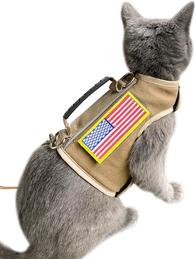 Tactical Cat Harness and Leash for Walking Escape Proof, Adjustable Cat Walking Jackets, Padded Stylish Cat Vest, Khaki, X-Large