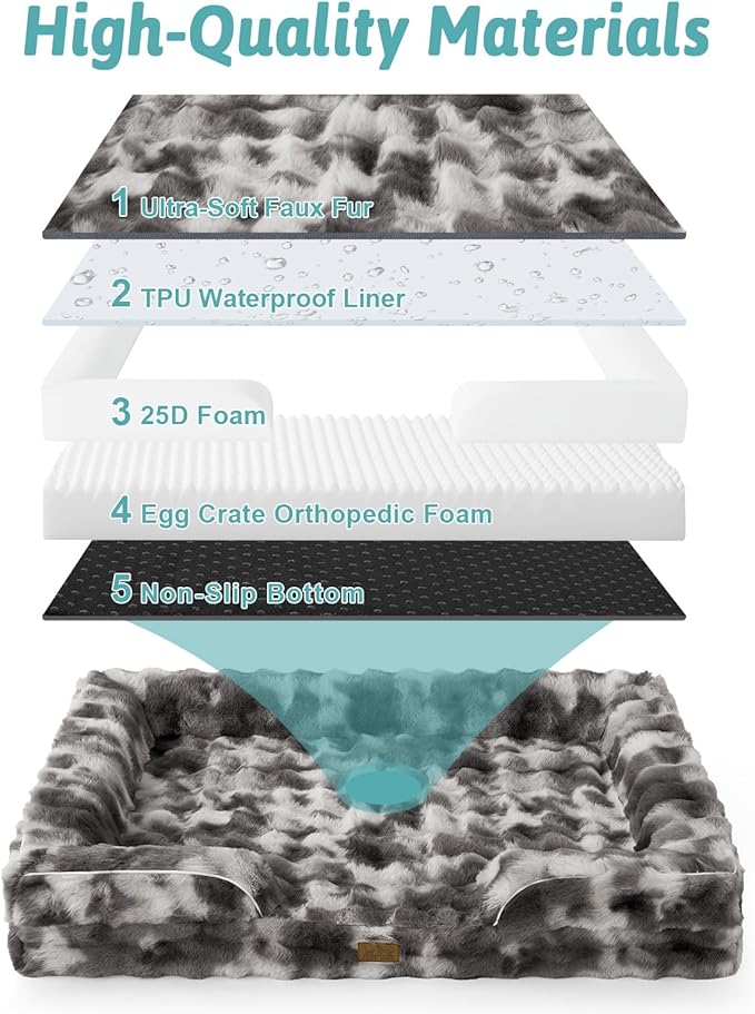 Orthopedic Dog Bed for Extra Large Dog, Soft and Warm Faux Fur Sofa for Giant Pet Up to 150 lbs, Foam Bolster Anti-Slip Couch with Washable Removable Cover, XXL 48x35x8 inch, Tie Dye Grey