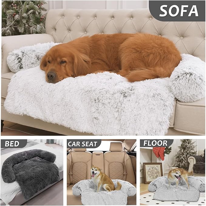 Calming Dogs/Cats Bed Mats, Dog Pad Washable Removable Couch Cover, Plush Long Fur Mat for Pets, Waterproof Lining, Perfect for Small, Medium and Large Dogs and Cats (Dark Gray, 31"x23")