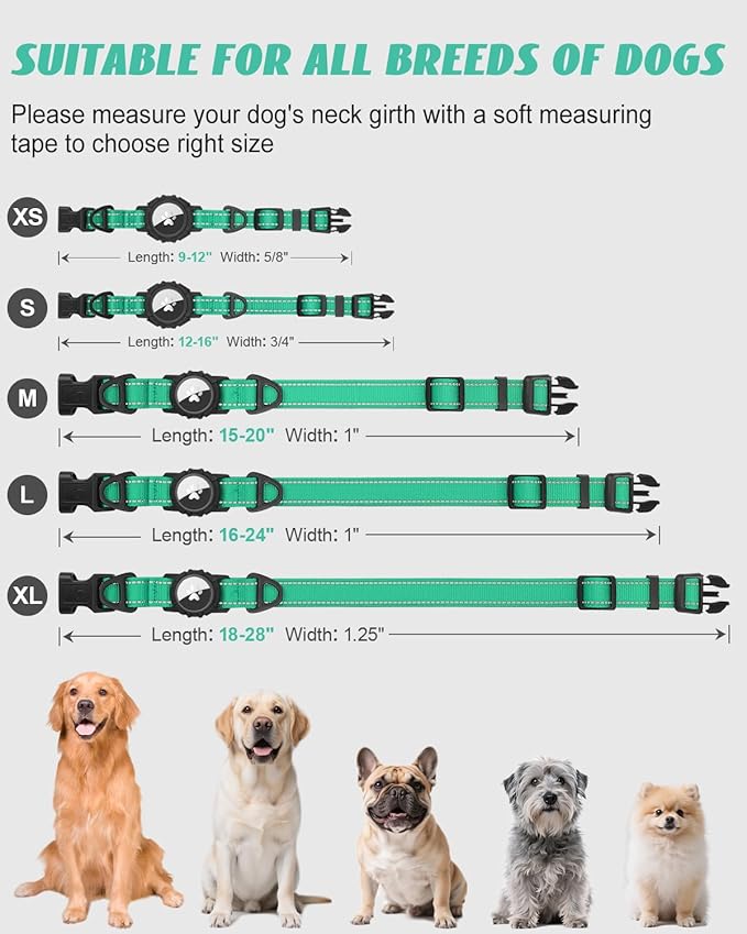 Joytale Airtag Dog Collar, Reflective Pet Collar with Waterproof AirTag Holder, Dual D-Rings, Soft Padded Adjustable for Large Dogs, Teal, L