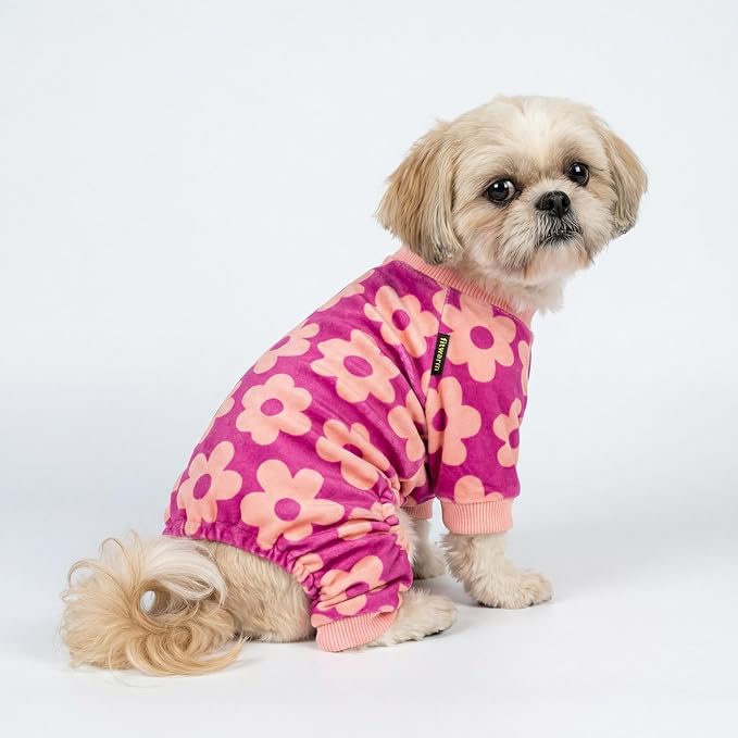 Fitwarm Flower Fleece Dog Pajamas, Warm Winter Dog Clothes for Small Dogs Girl, Cozy Pet Onesie with Feet, Pink, XXL