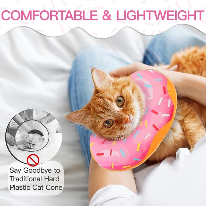 Cat Cone Collar Soft, Cute Cat Donut Collar After Surgery, Adjustable Kitten Recovery Cones to Stop Licking, Lightweight Neck Elizabethan Collars for Cats Kittens (Pink, Large)