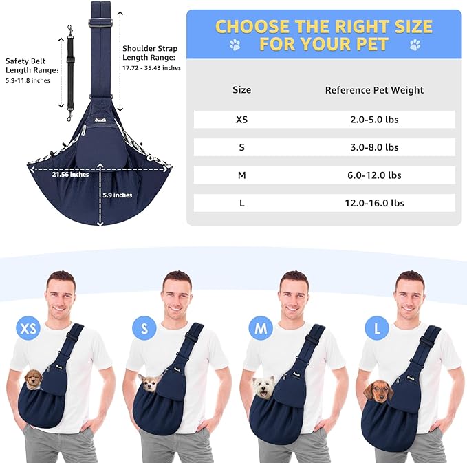 SlowTon Dog Carrier Sling - Thick Padded Shoulder Strap Adjustable Dog Carriers for Small Dogs, Puppy Carrier Purse for Pet Cat with Front Zipper Pocket Safety Belt Machine Washable (Navy Knitted, S)