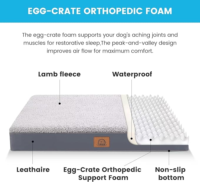 Sunheir Extra Large Orthopedic Dog Bed for Big Dogs - XL Waterproof Dog Bed with Removable Washable Cover & Anti-Slip Bottom, Crate Bed, Deluxe Plush Pet Bed Mat (Grey)