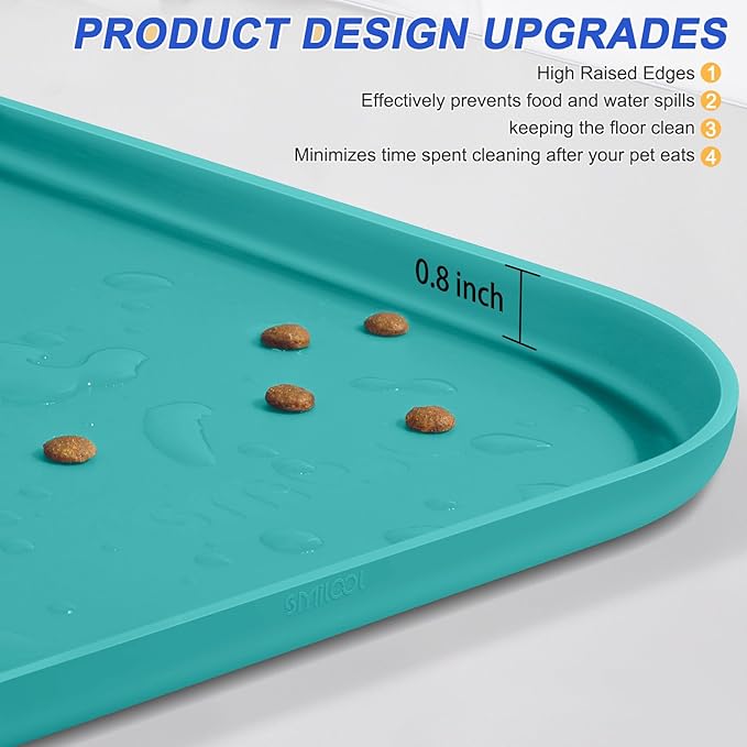 Silicone Pet Feeding Mat with Raised Edge for Food and Water, Dog Bowl Mats, Cat Bowls Placemat with High Lip for Floor Waterproof, Rubber Tray for Cats and Dogs 22 x 14 x0.8 Dark Turquoise