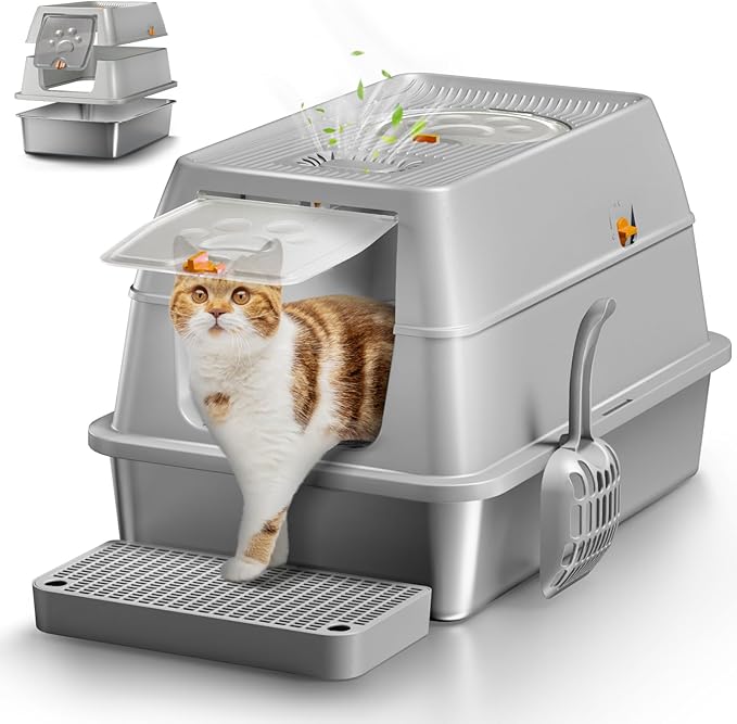 Stainless Steel Cat Litter Box with Lid, XL Large Enclosed High Sided Litter Box with Removable Lid, Carbon Filters -Odor Free, Easy Cleaning, Anti-Urine Leakage for Big Cats/Multiples-Grey