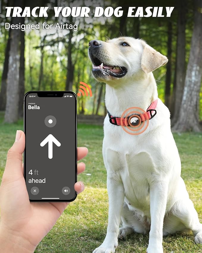 Joytale Airtag Dog Collar, Reflective Pet Collar with Waterproof AirTag Holder, Dual D-Rings, Soft Padded Adjustable for Large Dogs, Neon Pink, L