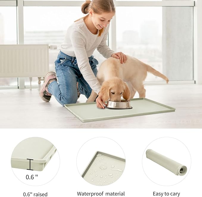 Dog Food Mat,Silicone Waterproof Food Tray,Non Slip Pet Bowl Mats Placemat,0.6" Raised Edge,Suitable for Most Small and Medium Sized Pets,24" x 16"