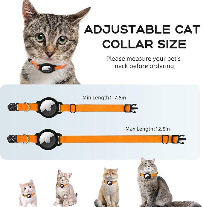 AirTag Cat Collars, Stretchy Collar with Apple AirTag Holder and Bell, Breakaway Ultra Design Elastic GPS Tracking Collars for Cats and Puppies, (7.5-12.5 Inch), Orange