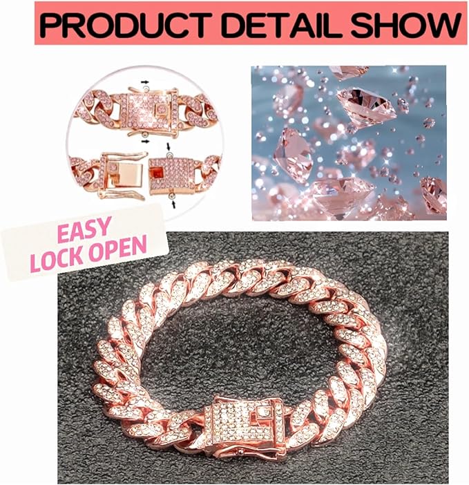Cuban Link Cat Collar Rose Glod Crystal Dog Necklace Metal Chain Collar with Design Secure Buckle Pet Collar Jewelry Accessories for Small Medium Large Dogs Cats(Rose Glod 10inch)