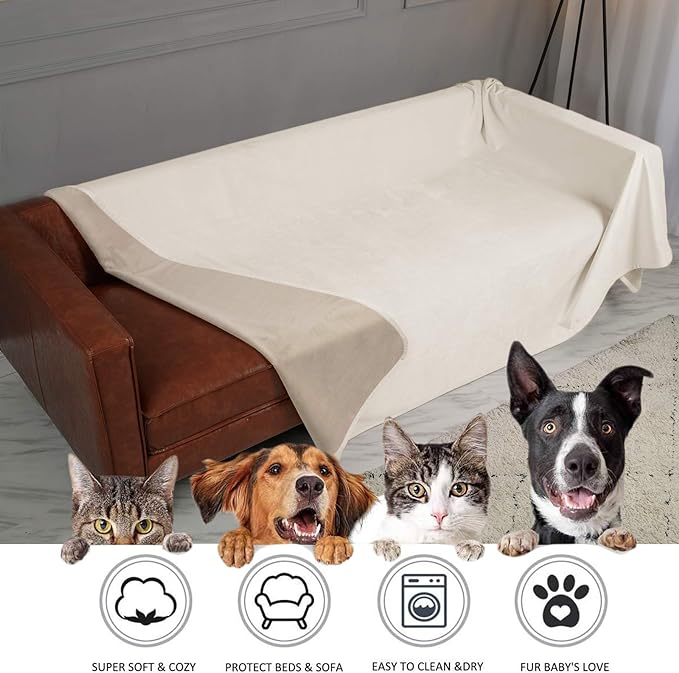 Ameritex Pet Bed Blanket Reversible 100% Waterproof Velvet Super Soft for Sofa and Bed (52x82 Inches, Cream+Beige)