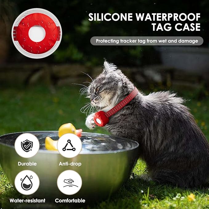 Smart Cat GPS Tracker, Cat GPS Tracker Compatible with Apple Find My App (Only iOS), No Monthly Fee, Waterproof (White Tracker, Red Cat Collar)