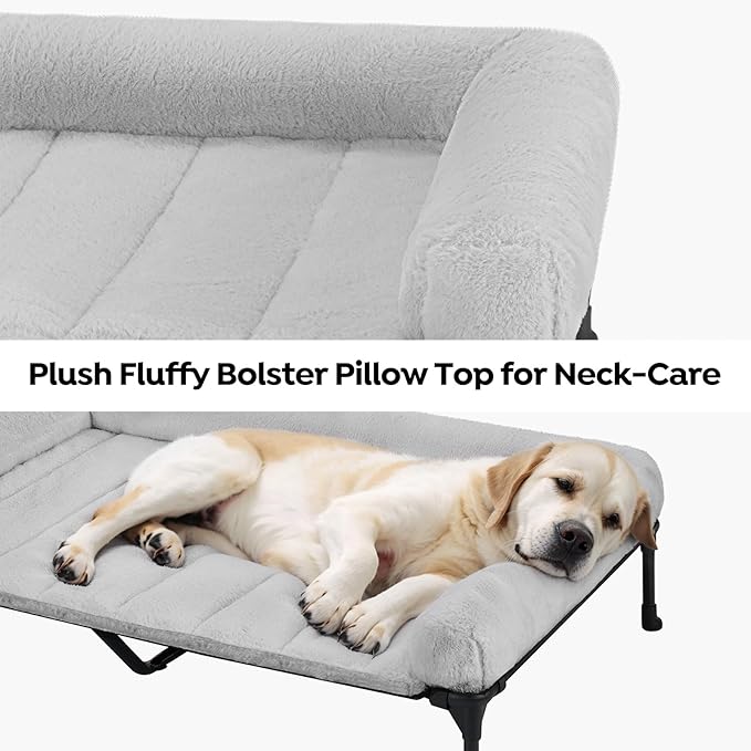 Veehoo Orthopedic Elevated Dog Bed with Fluffy Plush Bolster Cushion, Indoor Raised Dog Beds for Large Dogs, Soft Pet Sofa Cot with Removable Washable Mat, No-Slip Feet, 59 x 37 inches, Grey