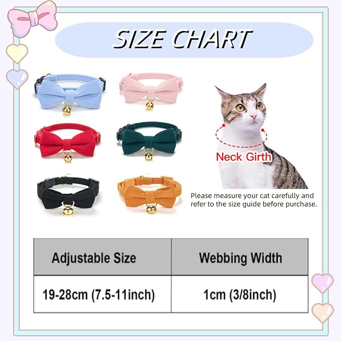 Soft Corduroy Cat Collar with Bell and Bowtie, Safety Breakaway Clasp, Adjustable for Kitten and Cats Black Color.