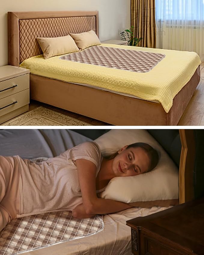 Non-Slip Bed Pads for Incontinence Washable (34" x 36"|4 Pack), Waterproof Bed Pads, Brown Grid, Bed Wetting Pads for Bed, Sofa, Floor, Resuable Underpads for Adults, Seniors, Pet