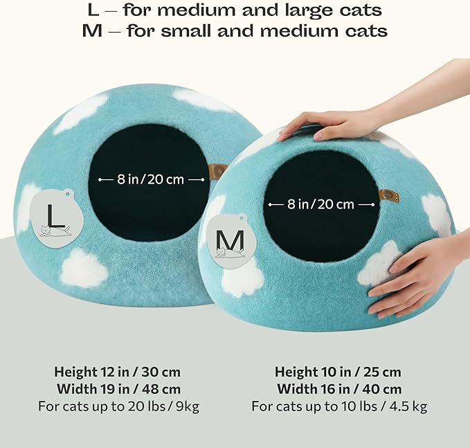 MEOWFIA Cat Cave – Premium Felt Cat Bed for Indoor Cats, Handmade Merino Wool (Cloud Nap Blue, Large)
