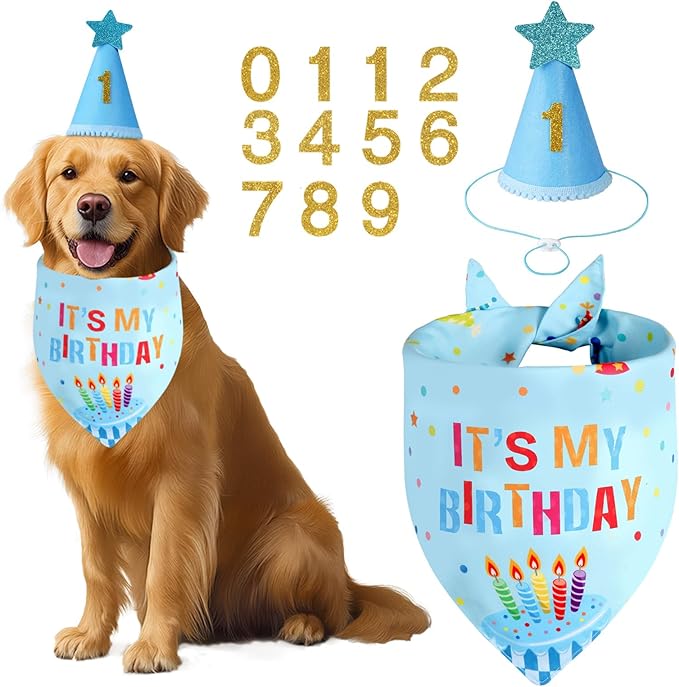 Dog Birthday Party Supplies with Hat Bandana Numbers, Light Blue Dog Birthday Set for Small Pets Puppy Boy