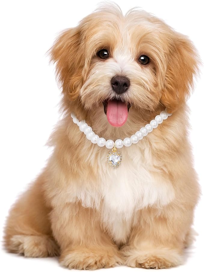 2pcs Cat Pearl Collar with Heart Pendant, Cute Pearl Pet Necklace in Small, Adjustable Wedding Party Small Dog Jewelry Accessories for Puppy Kitten- White & Green