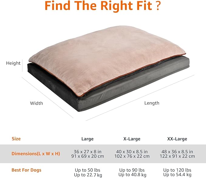 Amazon Basics Washable Dog Bed with Cooling Gel Memory Foam, Pressure-Relief Support for Dogs up to 120lbs, Non-Slip Bottom, Removable Cover, Giant Sized (48" x 36"), Grey