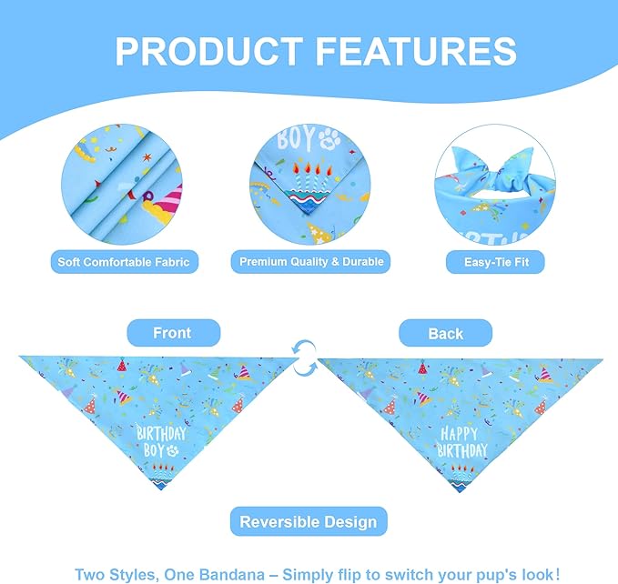 Dog Birthday Bandana Boy for Small Dogs, Reversible 2 Patterns in 1, Blue Confetti Scarf, Happy Birthday Party Outfit Puppy Gift (9-14" Neck)