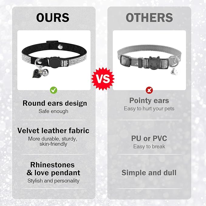 Rhinestone Cat Collar Breakaway with Bell, Diamond Cat Collar with Safety Buckle Quick Release for Girl Boy Small Kitten Pets Puppy,Cute Soft Female Male Cat Collars,Color Pink & Black 8-12"