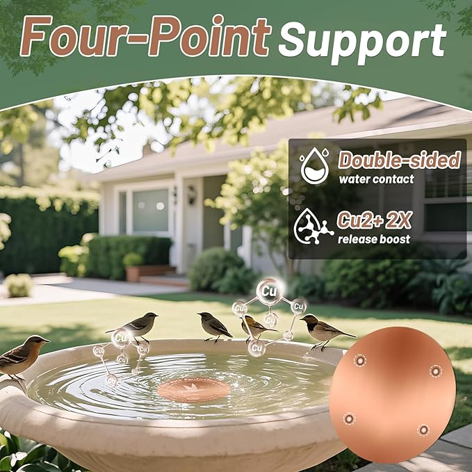 4 Inches Pure Copper Bird Bath Purification Disk,0.6mm thick,Reinforced Copper Purification Cleaner with Four-Point Support,All-Season Safe Clean Water Solution,Universal Fit for Outdoor Birdbath&Bowl