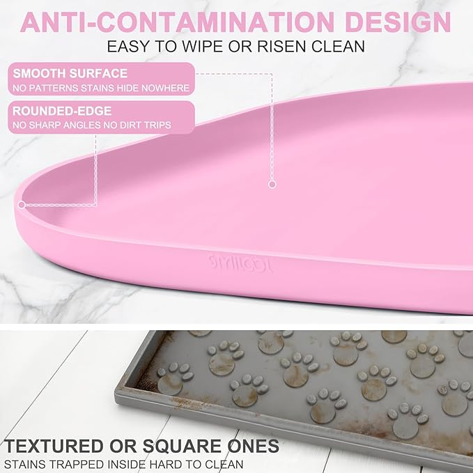 Silicone Pet Food Mat with Raised Edge for Food and Water Bowl, Dog Feeding Mats, Cat Food Trays for Floor Waterproof, Rubber Tray for Dogs and Cats, 19 x 12 x 0.7 Pink