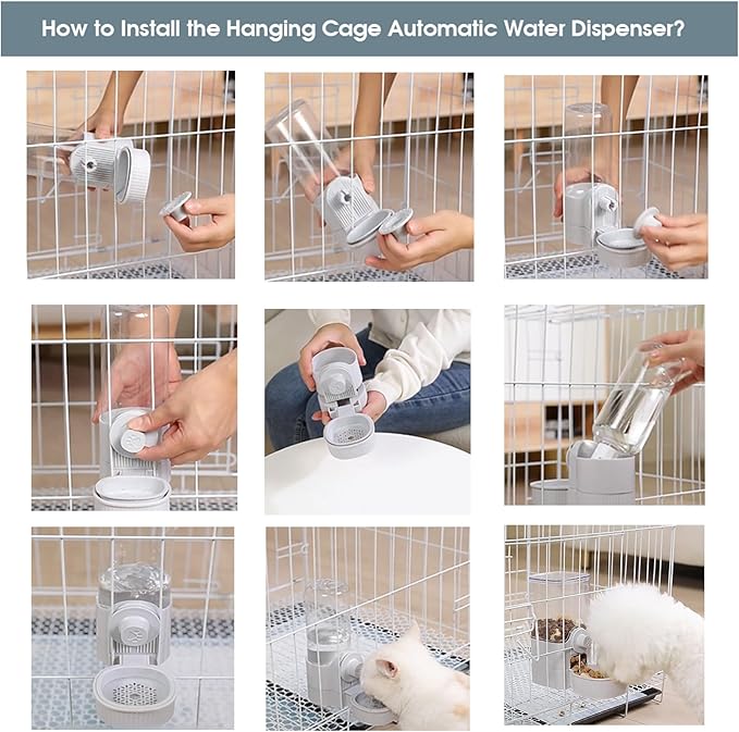 Yummy Sam Hanging Cage Automatic Small Pet Food Bowl Water Bottle Dispenser, Detachable Auto Gravity 1.2L Self-Feeding Feeder and 0.52L Waterer Set Kennel Feeding Station for Puppy Cats Rabbit(Grey)