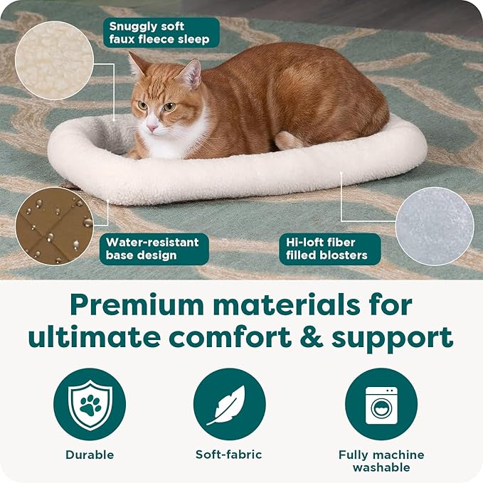 FurHaven Dog Bed for Small Dogs & Cats, Bolster Crate Pad with Soft Supportive Base for Carriers & Kennels, Machine Washable, Small, Sherpa Fleece, Cream