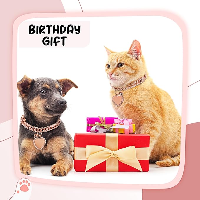 Hillban Dog Chain Gold-Plated Diamond Collar with Heart Rhinestones Jewelry Pet ID Tag Chain Bling Puppy Collar with Personalized Name Tag for Small Medium Large Dog Cat(Rose Gold,14 Inch)