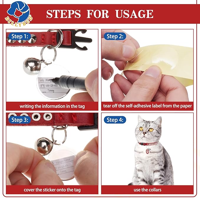 Leather Personalized Breakaway Cat Collar with Studded Bell and Safety Quick Release Buckle - Rivets Studded ID DIY Collars for Boy Girl Cats Kittens, 9" - 11.5" Red