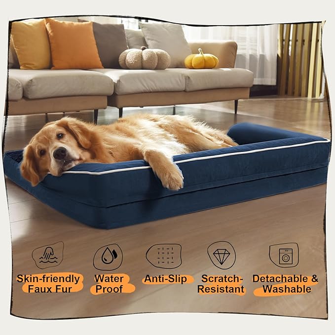 Extra Large Dog Bed-Orthopedic Waterproof XL Dog Bed for XLarge Extra Big Dogs - Foam Couch Sofa Washable with Removable Cover-Navy Blue