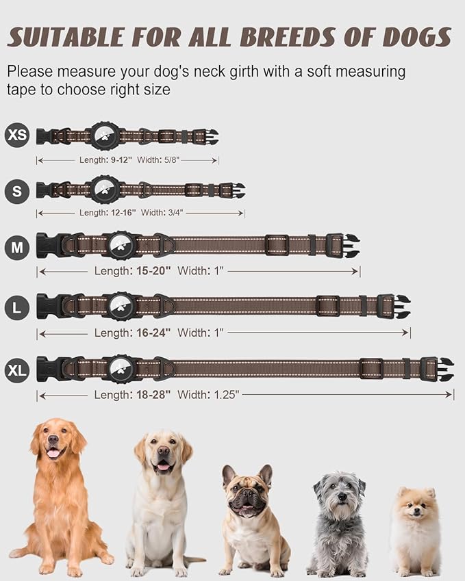 Joytale Airtag Dog Collar, Reflective Pet Collar with Waterproof AirTag Holder, Dual D-Rings, Soft Padded Adjustable for Extra Large Dogs, Brown, XL